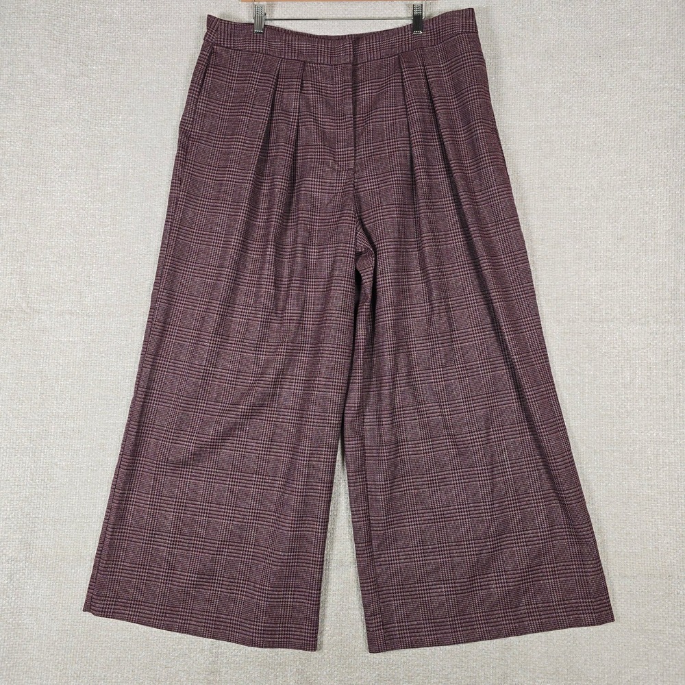 Worthington Wide Leg Mid-Rise Plaid Trousers Burgundy Black 18P New
